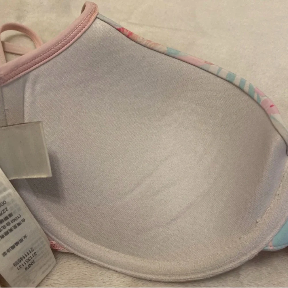 Hollister Light Blue & Pink Floral Halter Bikini Top with Center Bow